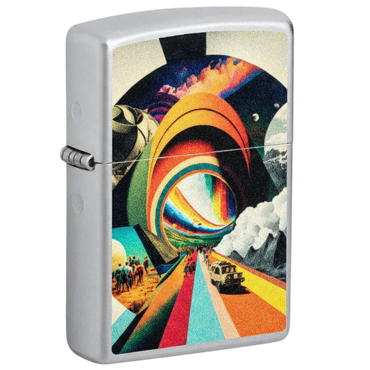 Zippo lighters with a colorful design on a white background 