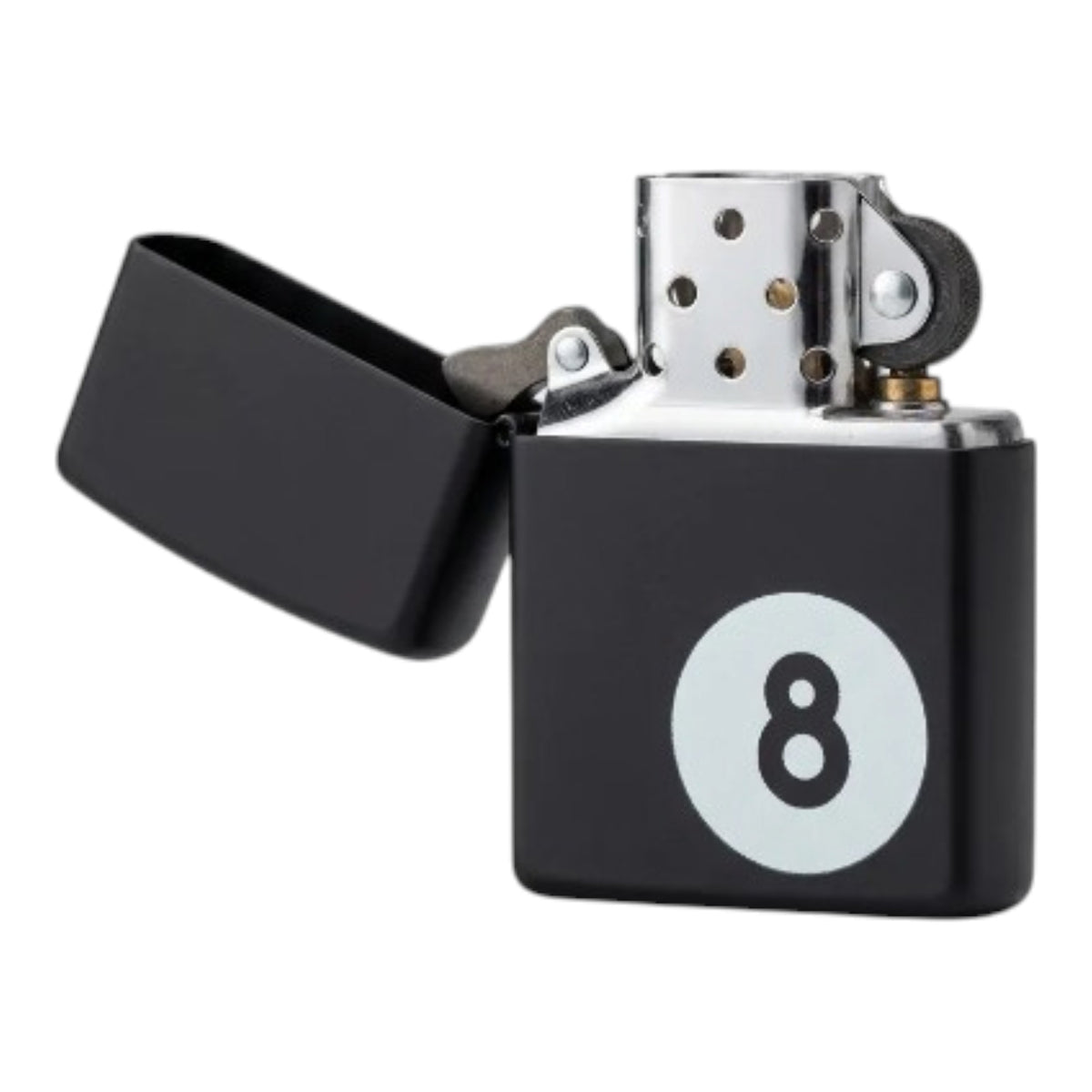 Open black Zippo windproof lighter featuring a large white billiard 8-ball graphic on the front, matte black flip-top lid, exposed silver chimney with ventilation holes, and black flint wheel, shown against a white background.