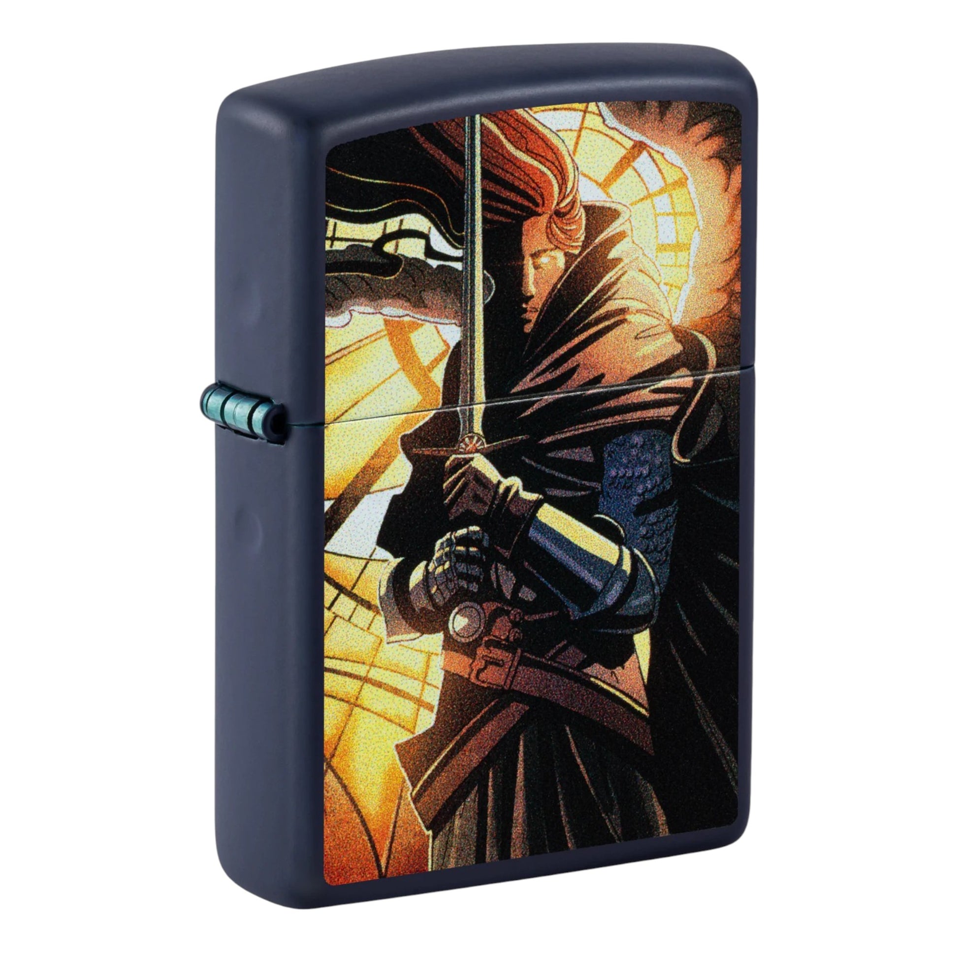 matte blue zippo lighter with knight warrior sword stained glass design - The Wee Smoke Shop