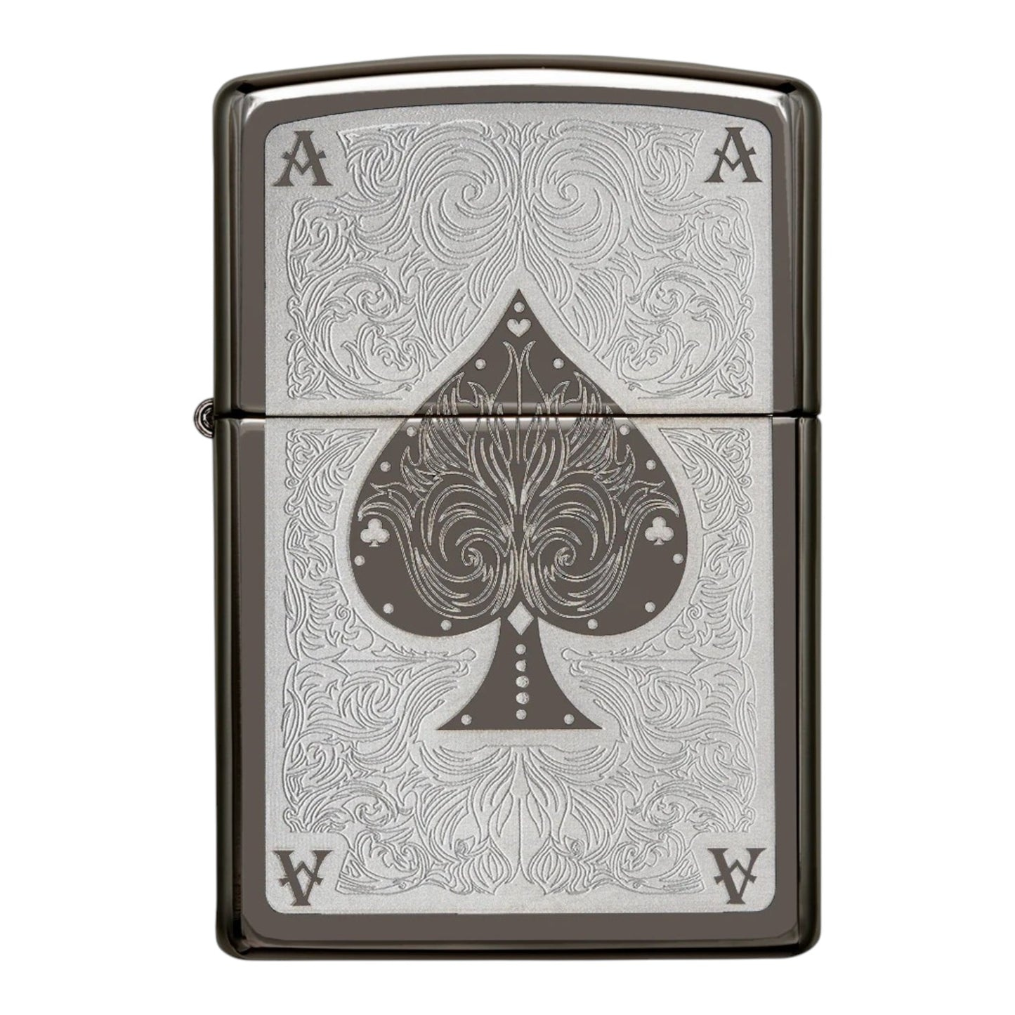 Black Ice Zippo lighter with engraved Ace of Spades filigree pattern and dark reflective finish. - The Wee Smoke Shop