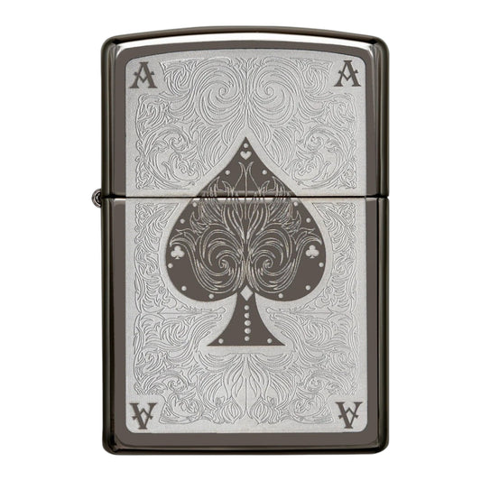 Black Ice Zippo lighter with engraved Ace of Spades filigree pattern and dark reflective finish. - The Wee Smoke Shop