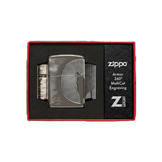 Zippo lighter with 'Armor 360 MultiCut Engraving' in a red and black box on a white background