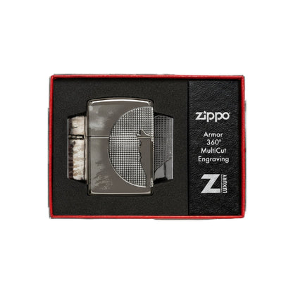 Zippo lighter with 'Armor 360 MultiCut Engraving' in a red and black box on a white background