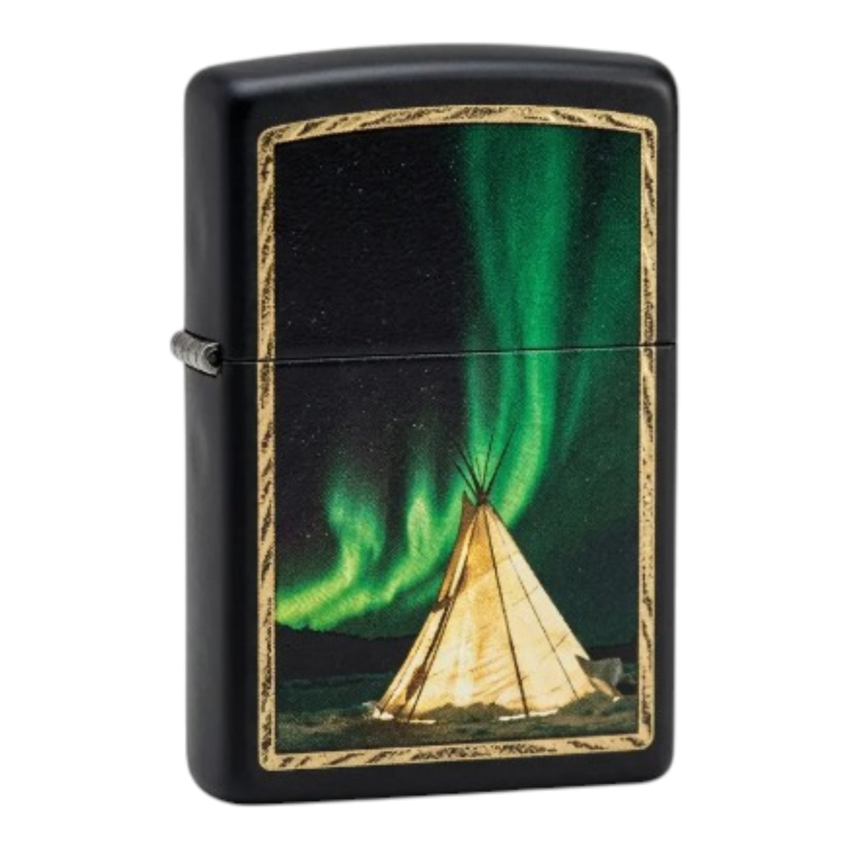 Matte black Zippo windproof lighter featuring a glowing beige teepee beneath vibrant green northern lights against a dark night sky. The artwork is framed by a distressed gold border, with a silver side hinge and classic flip-top lid visible against a white background.