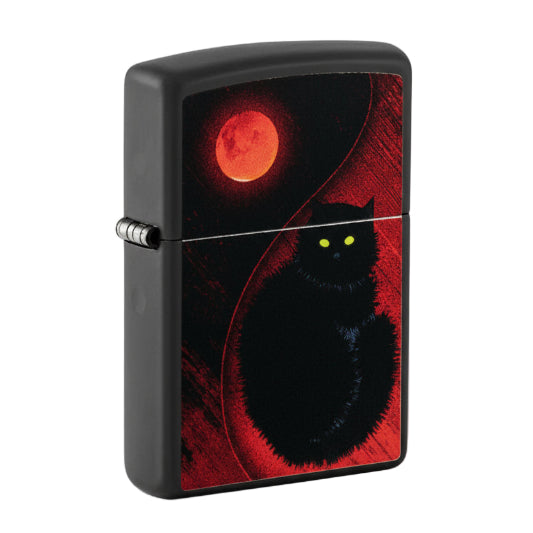 Zippo lighter with a black cat and red moon design on a white background