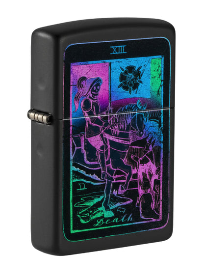 Black lighter with colorful 'Death' tarot card design on a white background