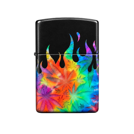 Black zippo lighter with colorful flame design on a white background