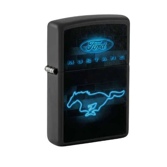 Black Zippo lighter with Ford Mustang logo and blue design on a white background