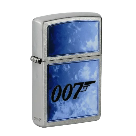Zippo lighter with '007' logo on a blue background