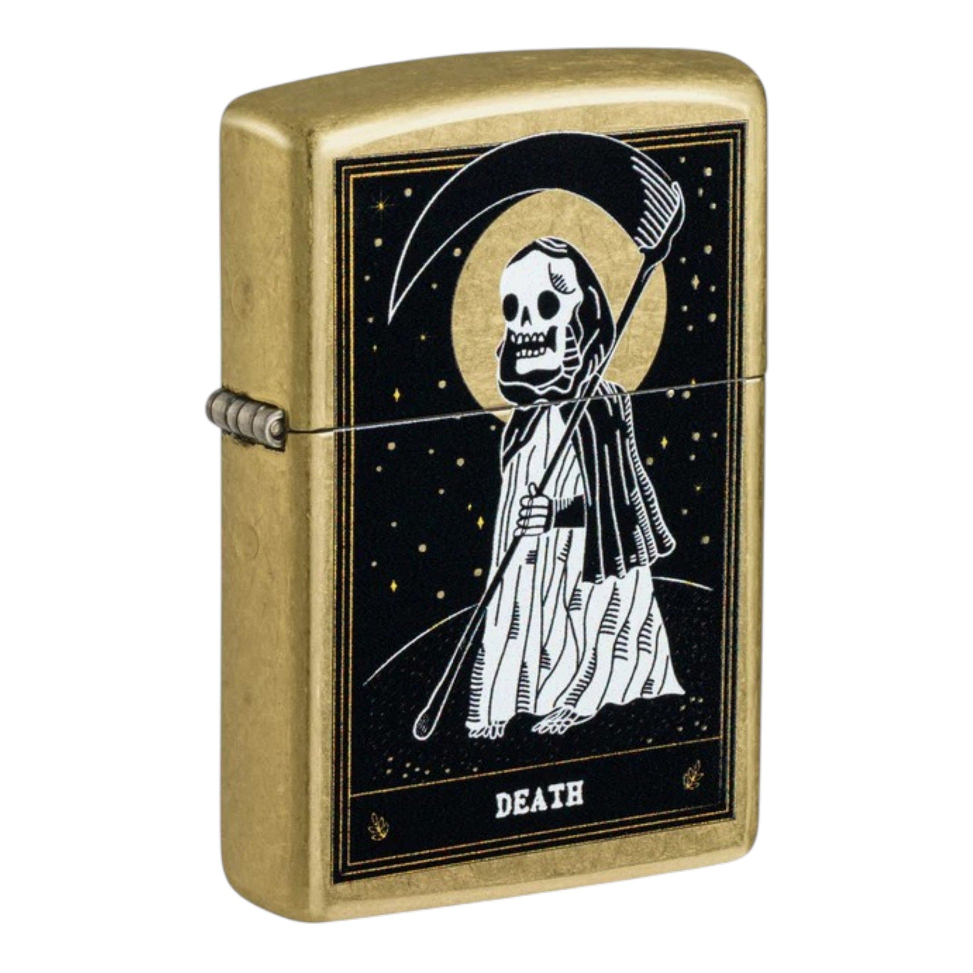 brass Zippo lighter Death tarot card design, grim reaper skeleton scythe lighter, gothic windproof refillable Zippo metal lighter - The Wee Smoke Shop
