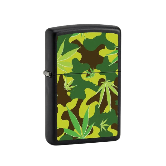 Lighter with green and brown leaf pattern on a white background