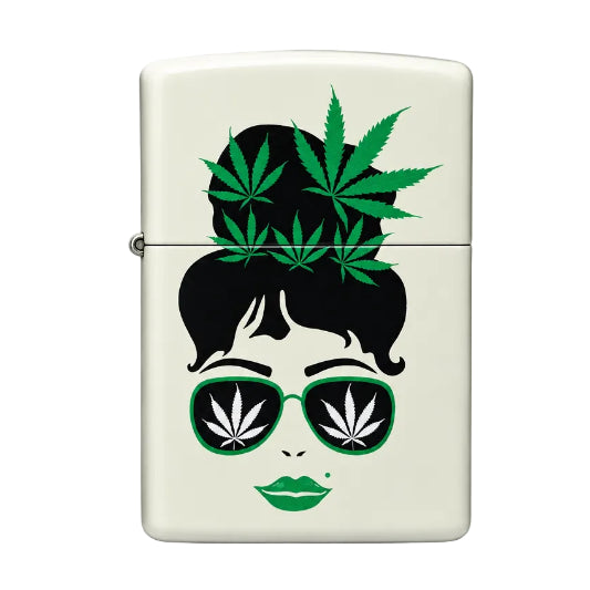 Lighter with a design of a woman's face with sunglasses and cannabis leaves on a white background