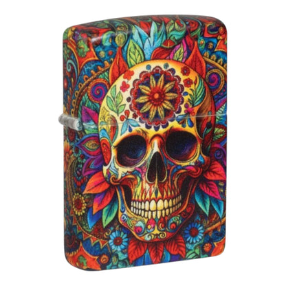 Zippo 360 Colourful Skull windproof lighter featuring a detailed sugar skull decorated with flowers, leaves, and swirling patterns in red, yellow, blue, green, and orange. The Day of the Dead-inspired artwork covers the front and wraps around the rounded edges.