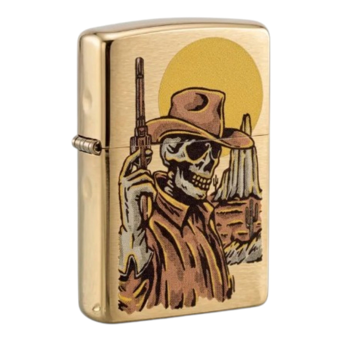 Gold Zippo windproof lighter featuring a skeleton cowboy wearing a brown hat and bandana, holding a revolver against a yellow sunset. Detailed Western-style artwork covers the brushed gold front, with a visible side hinge and classic flip-top lid, shown at an angle on a white background.
