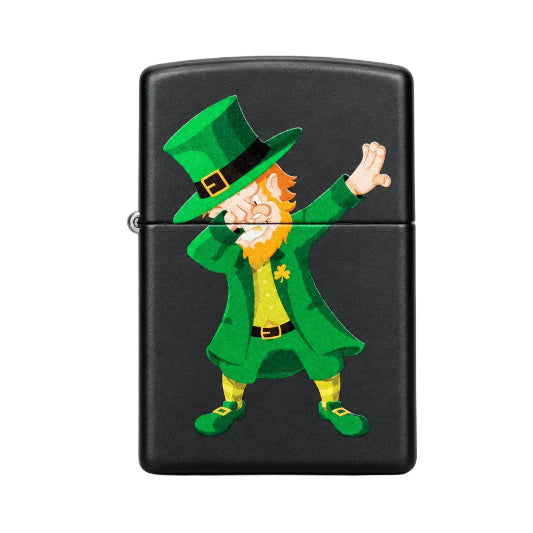 Black lighter with a colorful leprechaun design on a white background