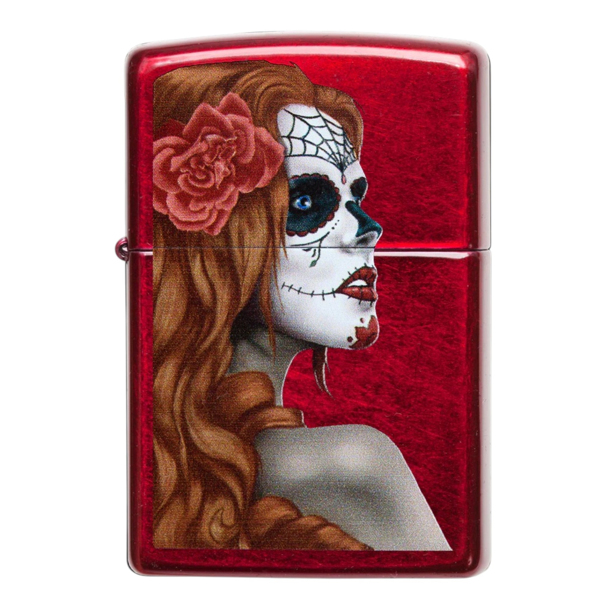 red zippo lighter with sugar skull woman design day of the dead art The Wee Smoke Shop