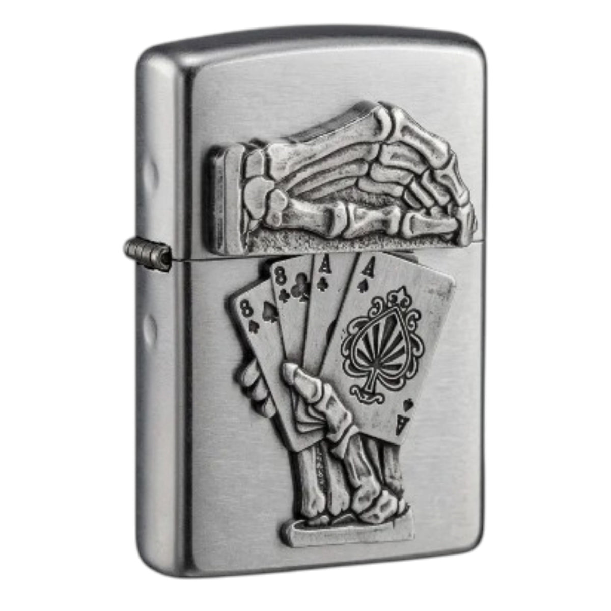 Silver Zippo windproof lighter with a brushed metal finish, featuring a raised skeletal hand holding four playing cards, including two aces and two eights. Detailed bone artwork extends across the front of the flip-top lighter, shown at an angle on a white background.