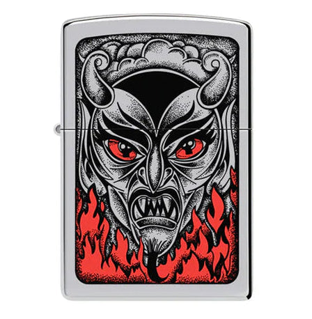 chrome zippo lighter with devil face design red eyes and flames on front - The Wee Smoke Shop