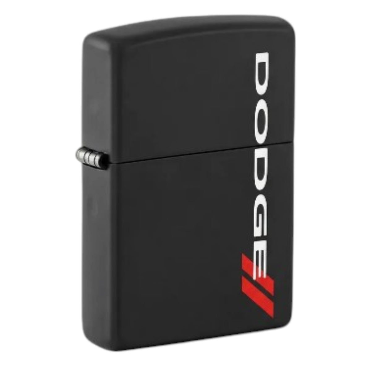 Matte black Zippo Dodge windproof lighter featuring vertical white Dodge lettering and a red double-stripe logo on the front, with a silver hinge and classic flip-top design, shown at an angle on a white background.