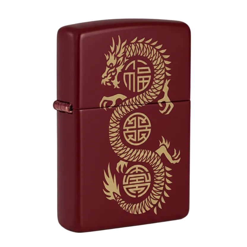 Maroon lighter with gold dragon design on a white background