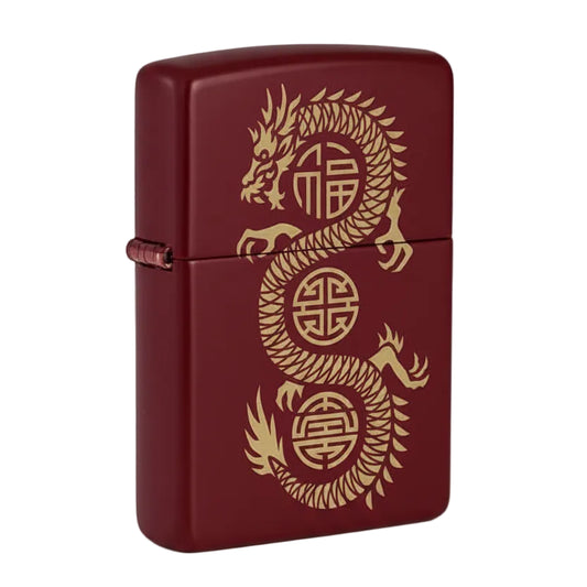 Maroon lighter with gold dragon design on a white background