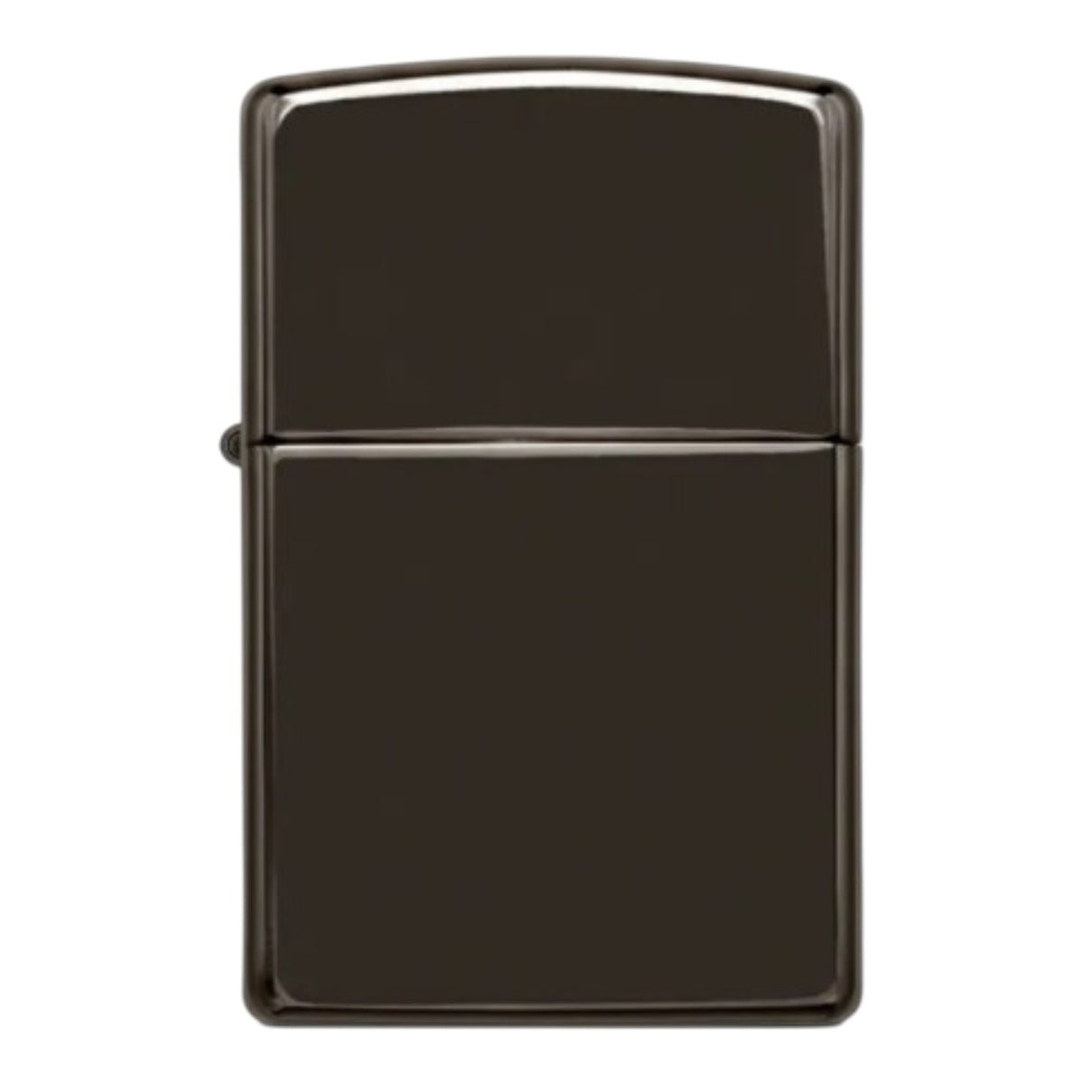 Zippo Ebony windproof lighter with a glossy black finish, reflective metal edges, smooth front surface, and classic flip-top lid with a visible side hinge, shown from the front against a white background.
