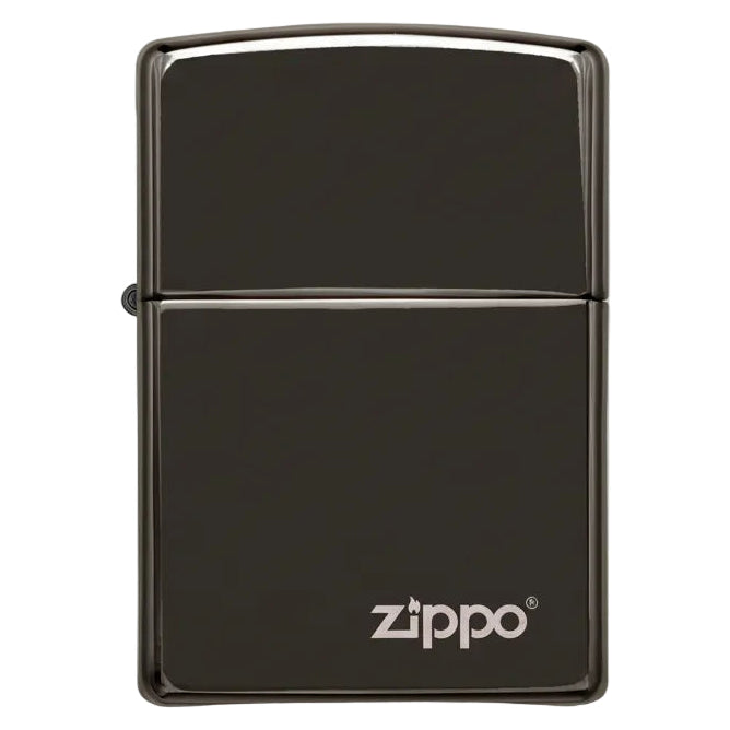 Zippo ebony lighter, high polish black Zippo with logo, windproof refillable metal lighter glossy finish classic design - The Wee Smoke Shop