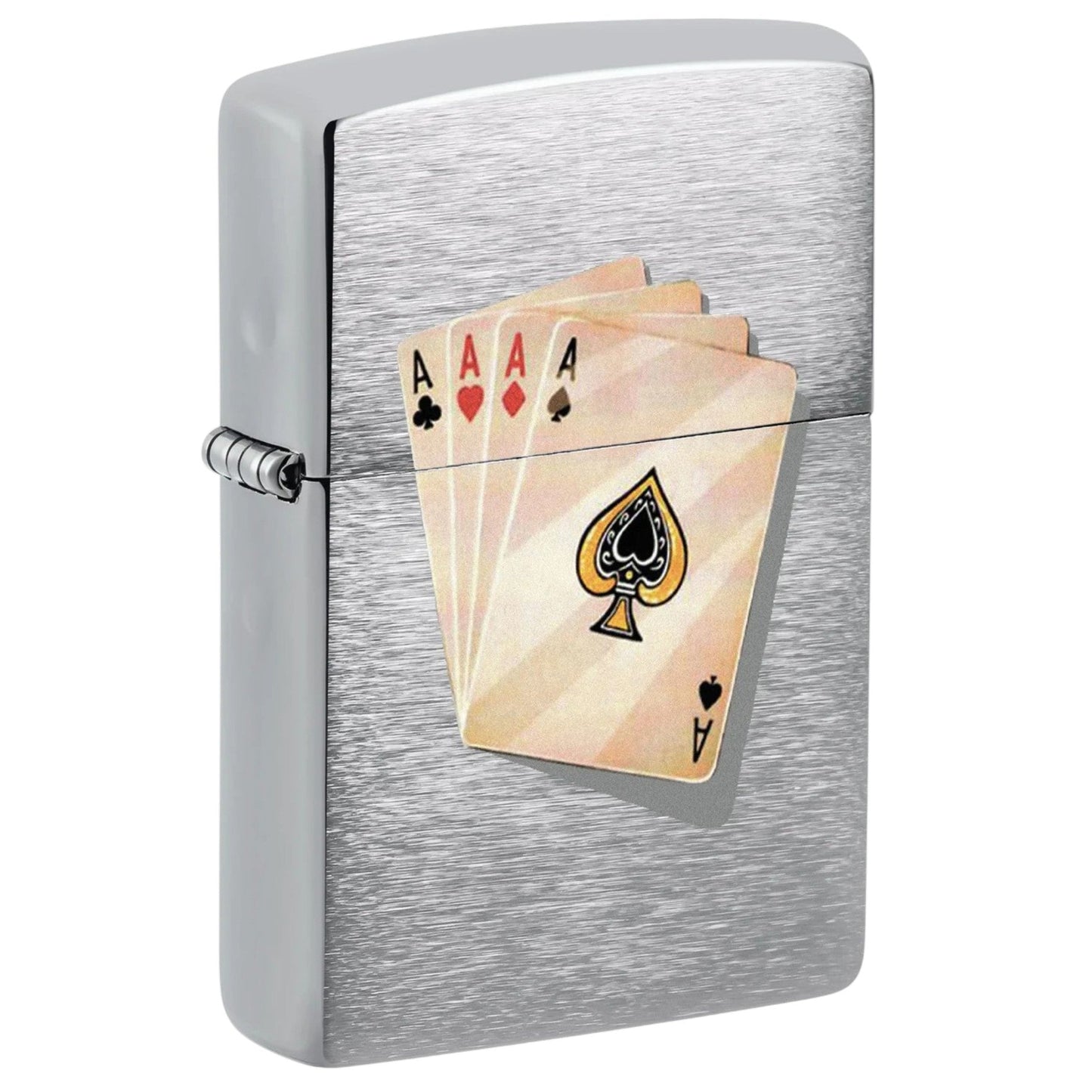 brushed chrome zippo lighter with four aces playing cards design on front - The Wee Smoke Shop
