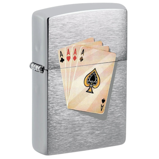 brushed chrome zippo lighter with four aces playing cards design on front - The Wee Smoke Shop