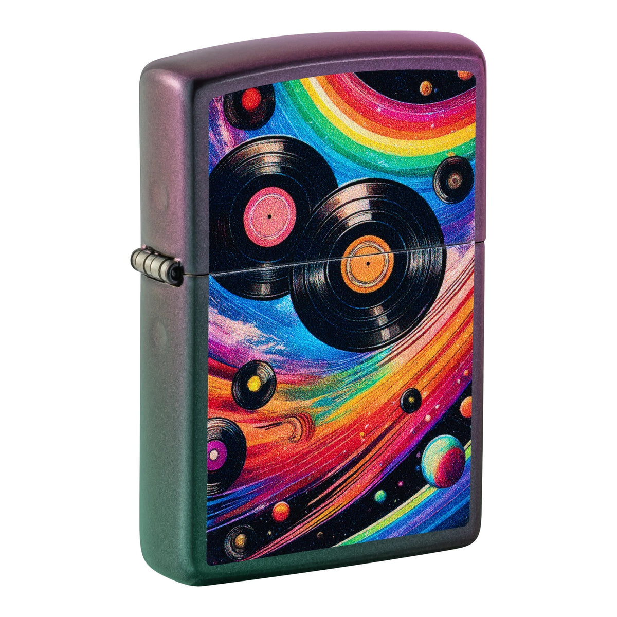 Zippo windproof lighter with a purple-to-green metallic gradient finish, featuring black vinyl records with pink and orange centres, rainbow-coloured swirling lines, and small planets against a colourful space-themed background. Silver side hinge and flip-top lid visible.