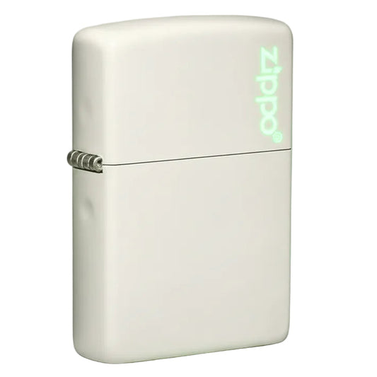 White Zippo lighter with green 'Zippo' logo on a white background