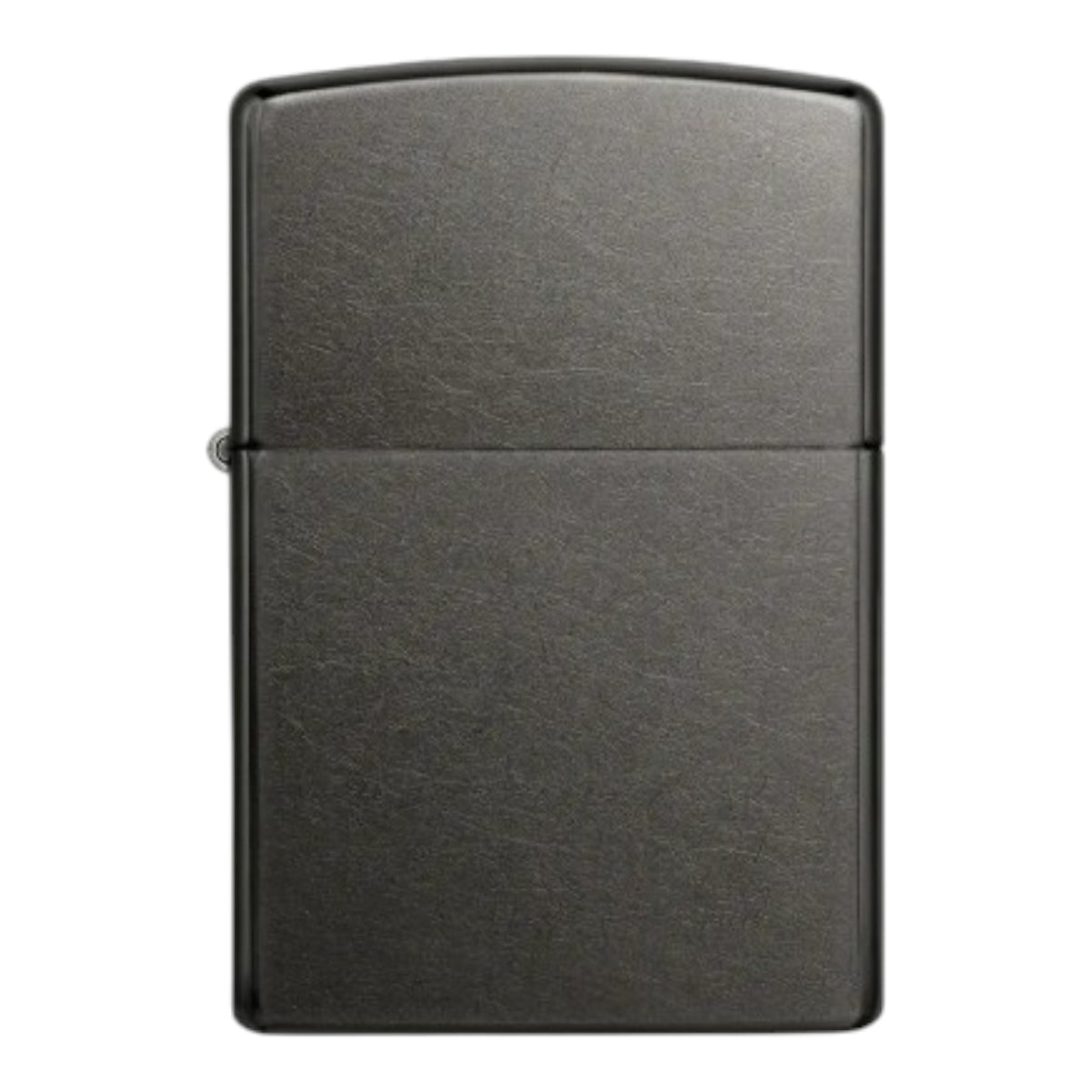 Zippo Gray Dusk Matte windproof lighter with a dark charcoal grey finish, subtle textured surface, rounded metal edges, and classic flip-top lid with a visible side hinge, shown from the front on a white background.