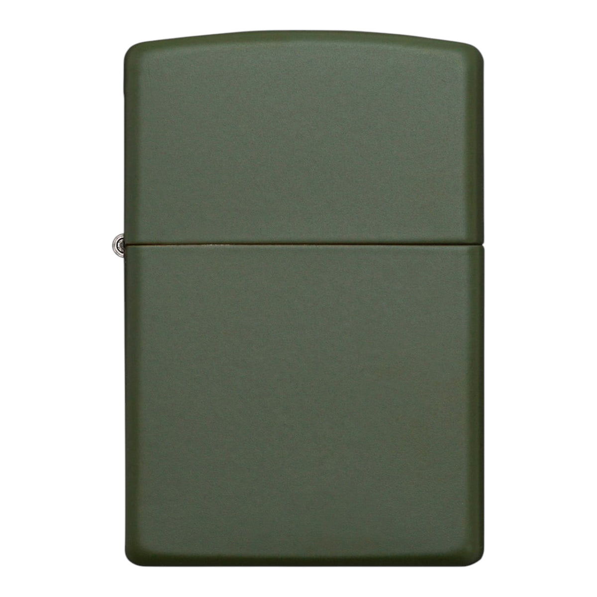 Zippo matte olive green windproof lighter with a smooth, solid-colour metal finish, rounded corners, classic flip-top lid, and visible silver side hinge, shown from the front against a white background.