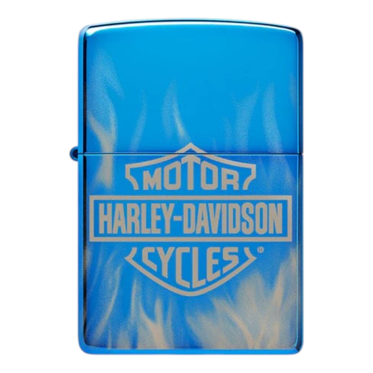 Zippo Harley Davidson lighter blue flame finish, metallic blue Zippo with Harley logo, windproof refillable metal lighter biker style - The Wee Smoke Shop