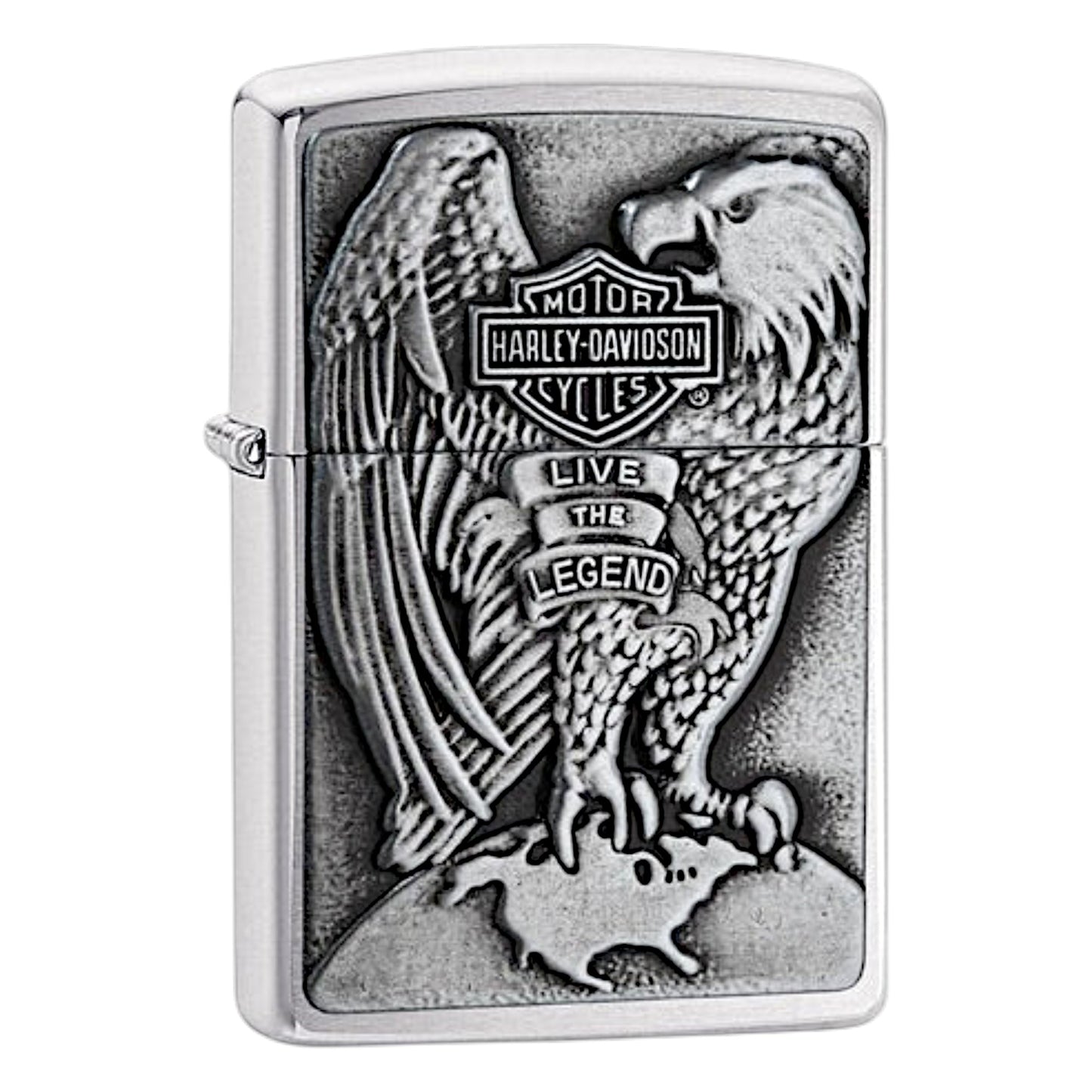 Chrome Zippo lighter with raised Harley-Davidson eagle design and “Live the Legend” text on the front. - The Wee Smoke Shop