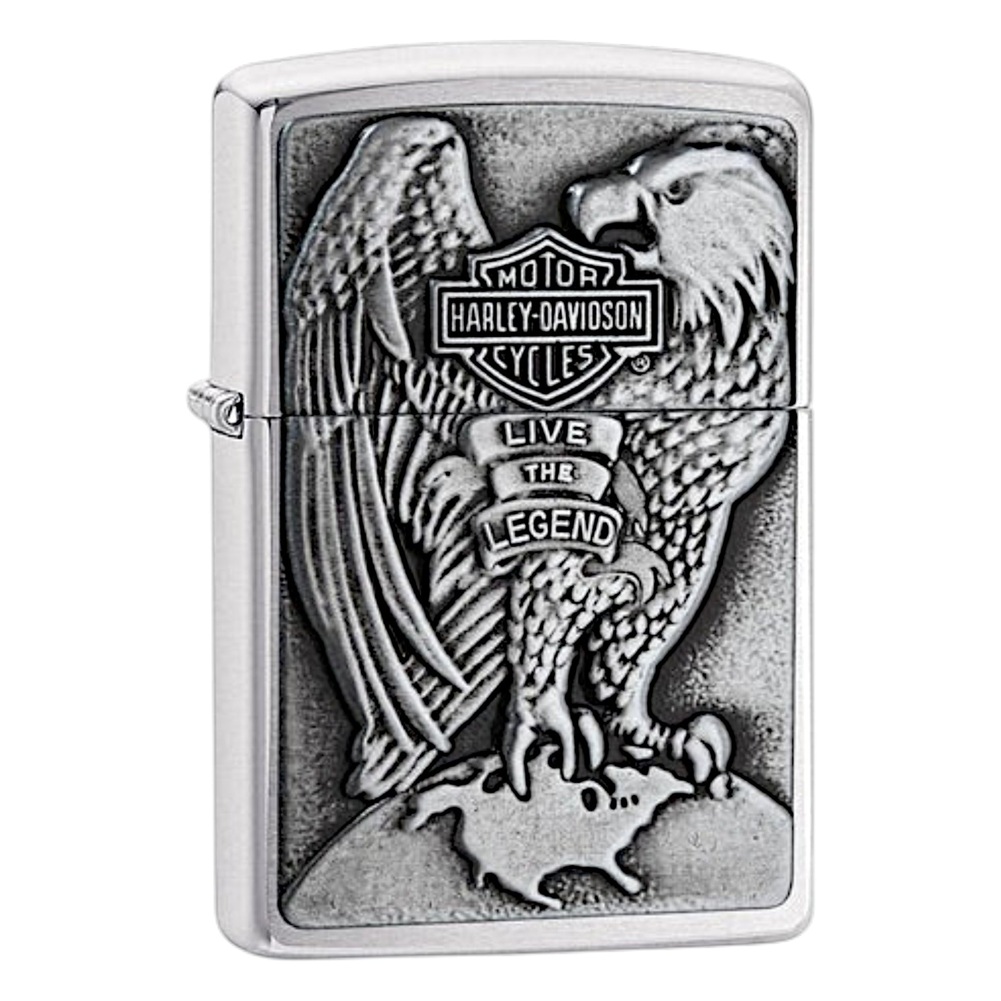 Chrome Zippo lighter with raised Harley-Davidson eagle design and “Live the Legend” text on the front. - The Wee Smoke Shop