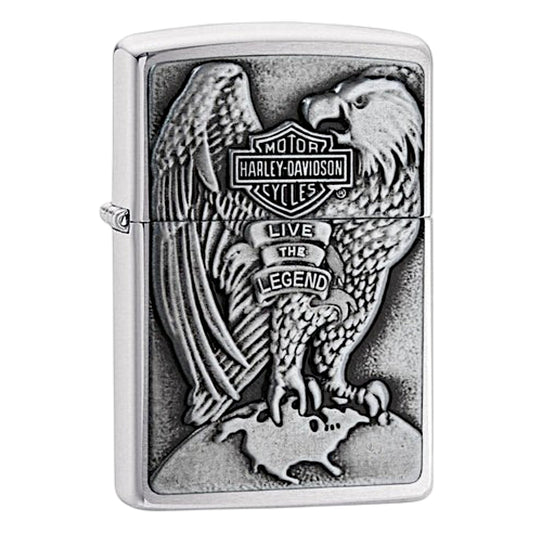 Chrome Zippo lighter with raised Harley-Davidson eagle design and “Live the Legend” text on the front. - The Wee Smoke Shop