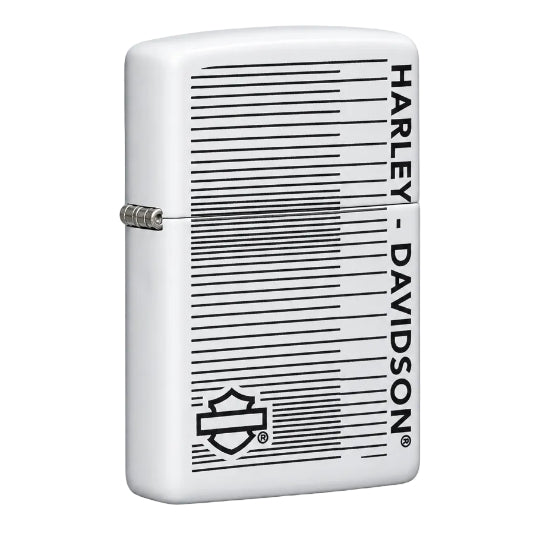 A white matte Zippo lighter with Harley-Davidson branding and design lines.