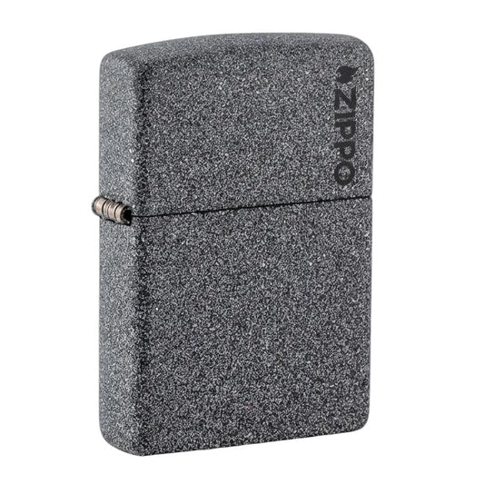 Grey speckled Zippo Iron Stone lighter with black logo. - The Wee Smoke 