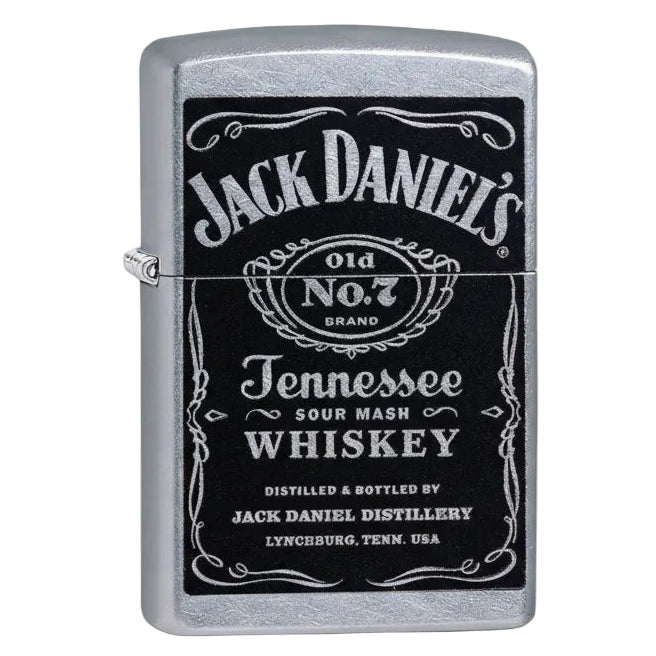 Zippo Jack Daniels lighter, Old No 7 Tennessee whiskey logo lighter, windproof refillable chrome Zippo with black label design - The Wee Smoke Shop