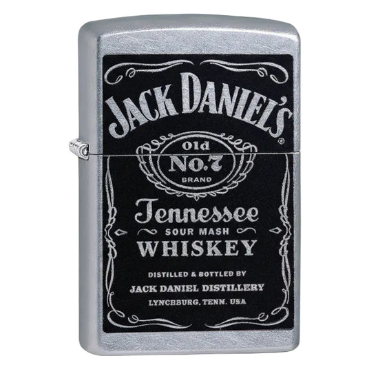 Zippo Jack Daniels lighter, Old No 7 Tennessee whiskey logo lighter, windproof refillable chrome Zippo with black label design - The Wee Smoke Shop