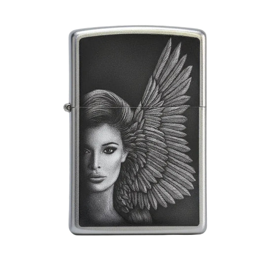 Zippo lighter with a design of a woman's face with wings on a black background