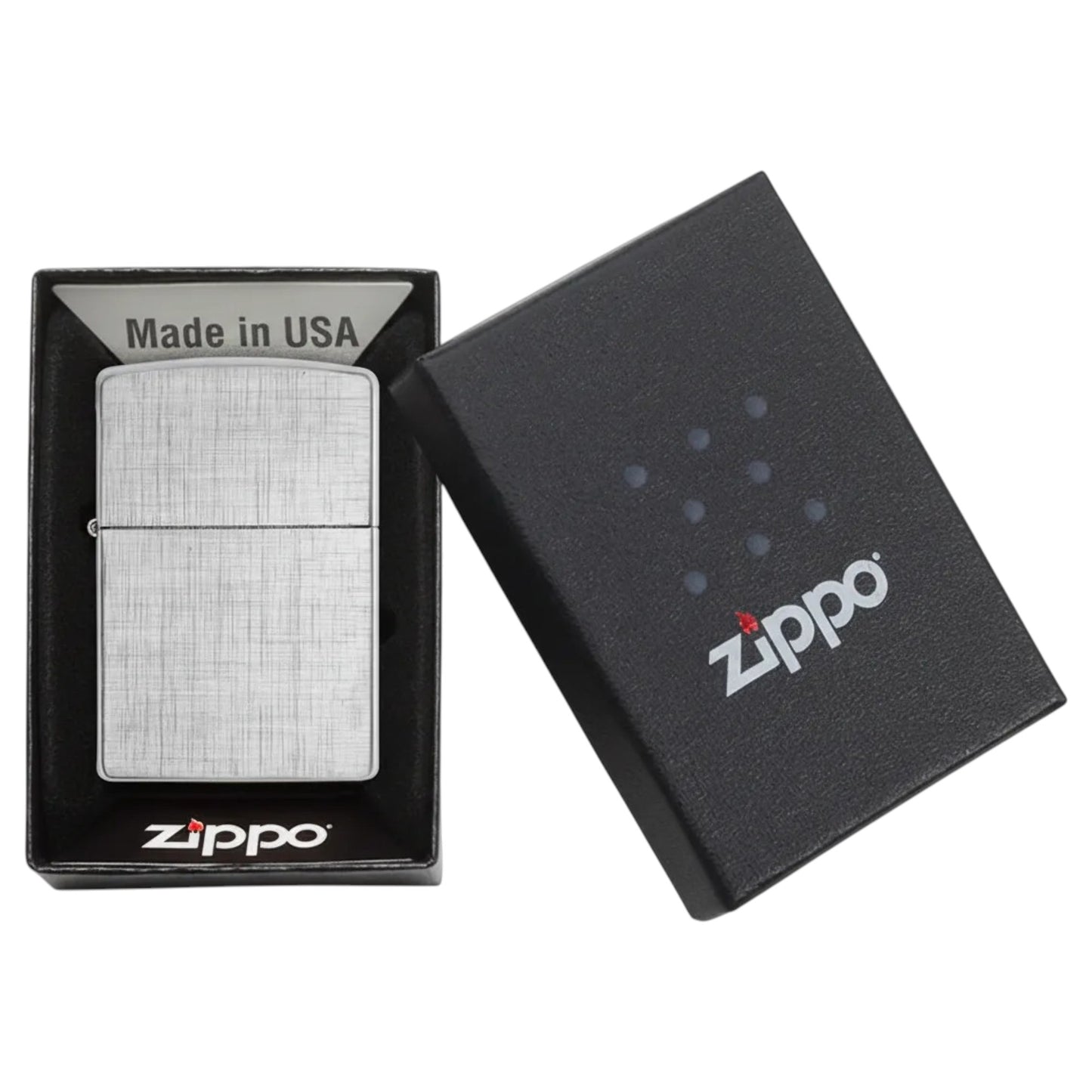 Silver Zippo linen weave lighter in black Zippo gift box. - The Wee Smoke Shop