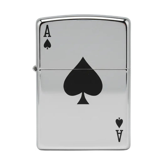 Silver Zippo lighter with black ace of spades playing card design. - The Wee Smoke Shop