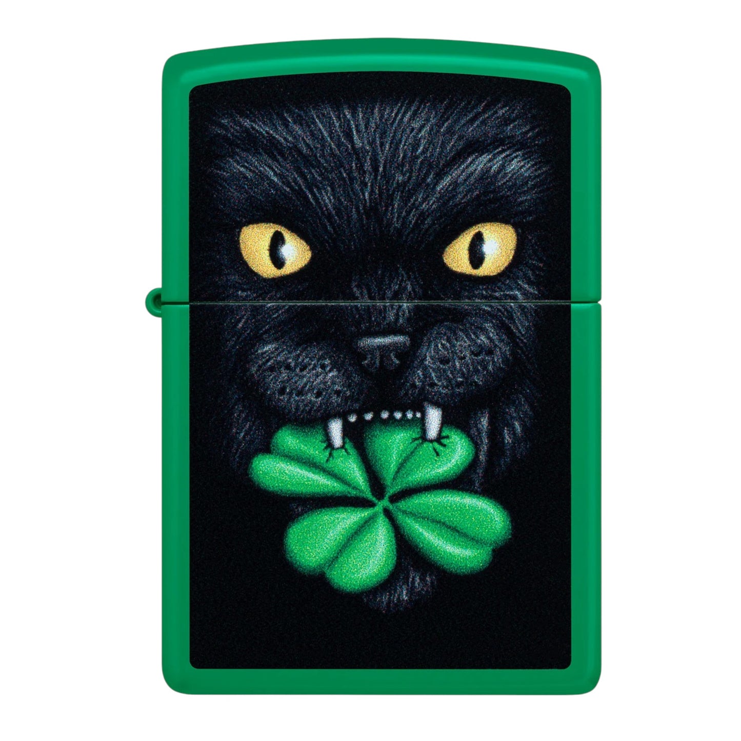 green zippo lighter with black cat face and four leaf clover design - The Wee Smoke Shop