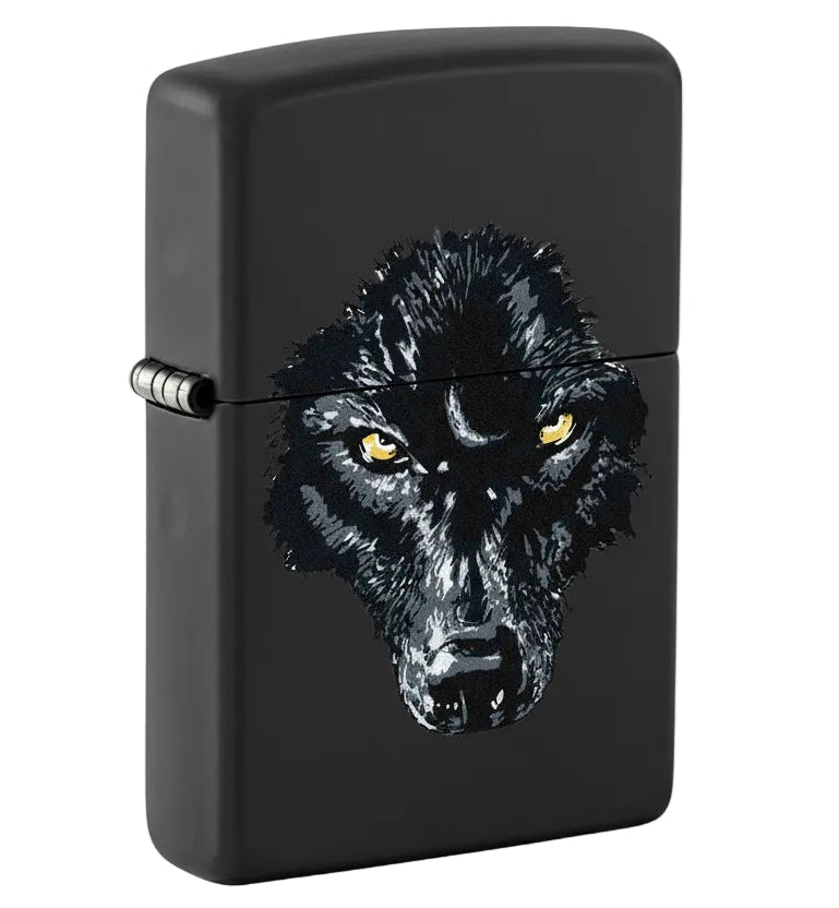 Zipmatte black zippo lighter with black wolf face design yellow eyes - The Wee Smoke Shop
