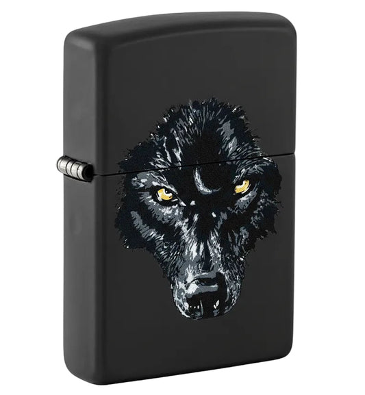 Zipmatte black zippo lighter with black wolf face design yellow eyes - The Wee Smoke Shop