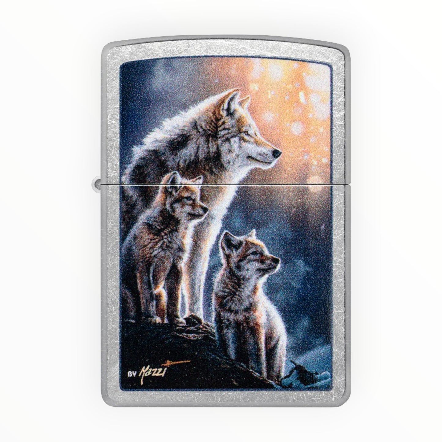 brushed chrome zippo lighter with wolf family design wolves nature artwork - The Wee Smoke Shop