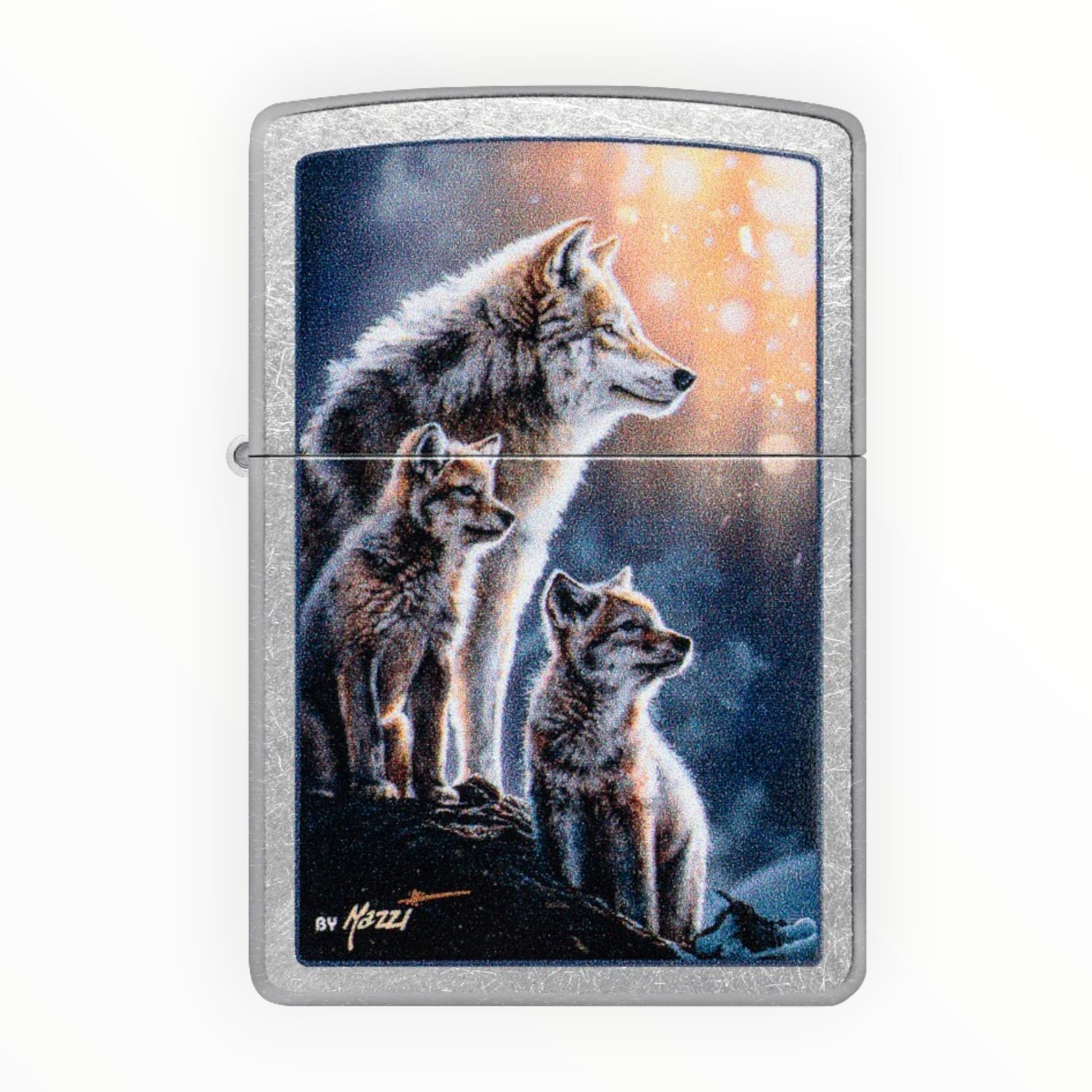 brushed chrome zippo lighter with wolf family design wolves nature artwork - The Wee Smoke Shop