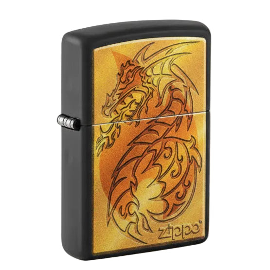 Zippo lighter with dragon design on a white background